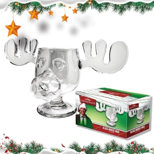 Snugeasy Christmas Vacation Moose Mug, Clear Thick Glass Christmas Eggnog Mug, National Lampoon’s Style Festive Gift for Holiday Birthday (1PC)