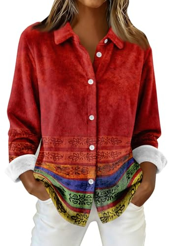 Chemises à Manches Longues pour Femmes Tops décontractés à Boutons en Flanelle pour Femmes Red M