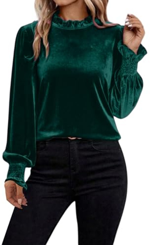 Blusas de terciopelo de manga larga para mujer, camisas de terciopelo con volantes, cuello alto falso, casual, a la moda, para vacaciones, elegantes blusas fruncidas, verde, XXL