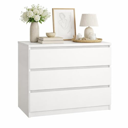 Cómoda, Cajonera Dormitorio SIL White con 3 Cajones,Color Blanco, 77 x 50 x 71 cm