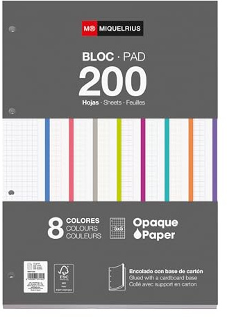 Miquelrius - Bloc de recambio encolado, 200 hojas cuadriculadas 5x5 mm, Papel opaco 70 g/m², Recambio hojas A4 perforadas para carpeta de anillas o archivadores, Material escolar, 8 colores de hojas