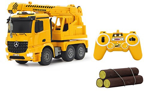 JAMARA 404950 - Schwerlastkran Mercedes Arocs 1:20 2,4G - drehbarer und ausfahrbarer Kran, Seil Heben/senken, realistischer Motorsound, Hupe, Rückfahrwarnsound, 4 Radantrieb,gelbe LED Signallichter