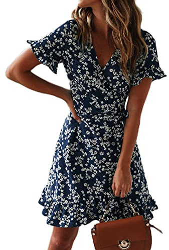 TOPLAZA Robe de Plage Femme Ete Fleurie Portefeuille Col en V Manches Courtes, Bleu, XL