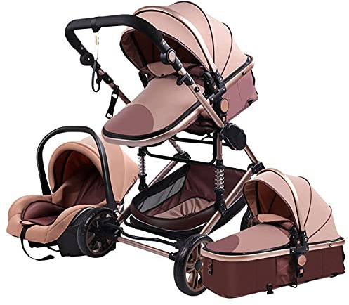 Magic ZC Carrito Bebe 3 en 1, Carro de Bebe 3 Piezas con Empuje Reversible de Dos Vías, Carrito Bebe con Diseño Portátil Plegable de Un Clic, Cochecito Bebe 3 Piezas con Accesorios (beige color)