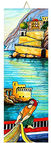 Baldosa cerámica cm. 10x30 con Impresión de un Paisaje de la Costa de Amalfi, Paisaje costero 1, Azulejo Ornamental para Colgar.