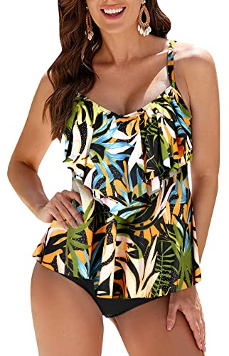 WIN.MAX Costume da Bagno Tankini da Donna Set Vita Alta Volant Volant 2 Pezzi Bikini Set Costume da Bagno Plus Size Costume(Foglie Tropicali,EU46)