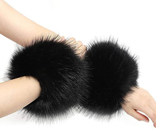 1 Paare Fell Pelz Armstulpen,Damen Pulswärmer Pelz Kunstfell Fellstulpen Fell Manschette Handschuhe Pulswärmer Kunstfell Winter Handgelenk Wärmer für Pullover Mantel Weste Jacken für Frauen,Schwarz