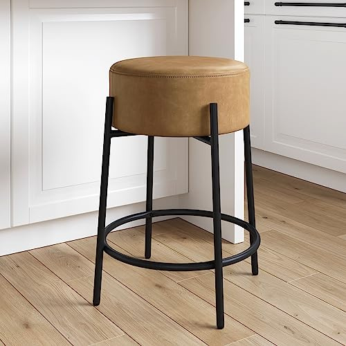 Nathan James Isaac 24 Modern Backless Bar Stool with Round Soft Padded Upholstered Seat and Metal Mid-Century Base, PU Light Brown/Black