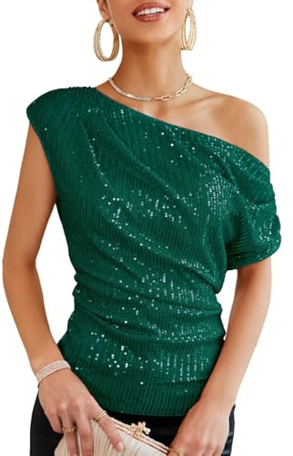 GRACE KARIN - Top Donna Elegante con Paillettes per Festa, Top Avvolgente con Ruches e Glitter, Blusa Scintillante, Verde scuro, M