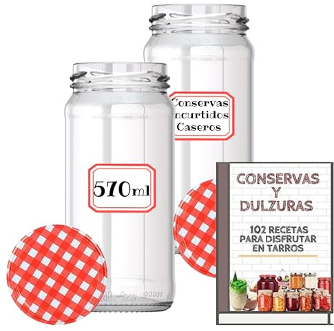 Awiku Tarros de Cristal de 570 ml con Tapa de Rosca Hermética + Ebook de 102 Recetas - Frascos para Purés, Mermelada, Conservas, Salsas - Incluye Etiquetas (6)