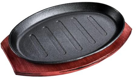 Gralara Plato Caliente para freír Carne con Bandeja de bambú, sartén para Fajitas, sartén para Asar Barbacoa, Utensilios de Cocina de inducción, 10 Pulgadas
