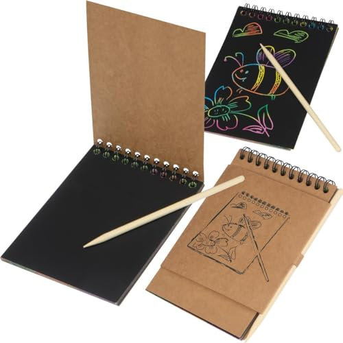 4x Malblock mit je 10 Blatt Kratzpapier und Holzstift