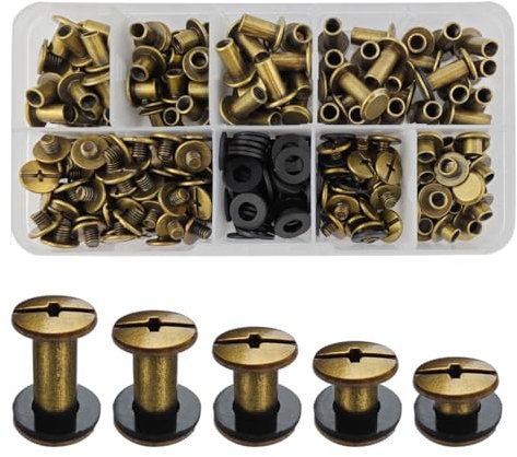 SHSMPXOY 100 Juegos Remaches Tornillo de Encuadernacion,M5*4/6/8/10/12mm Tornillos de Chicago,Remaches de Tornillo Remaches Para Cuero Reparación para Bolsos, Libros, Collares,Correas (Bronce)