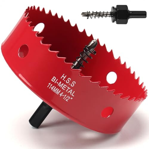 Hålsåg för trä 114 mm, bimetall hålsåg, skärfräsar för metall med sexkantig adapter och centreringsspets för järn, aluminium, trä, gipsskivor, röd