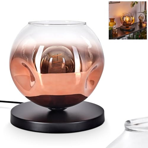 Tischleuchte Ripoll, Tischlampe aus Metall/Glas in Schwarz/Kupfer/Klar, Leuchte im modernen Retro/Vintage-Design mit Schirm aus Glas (Ø 25 cm) u. An/-Auschalter am Kabel, 1 x E27, ohne Leuchtmittel