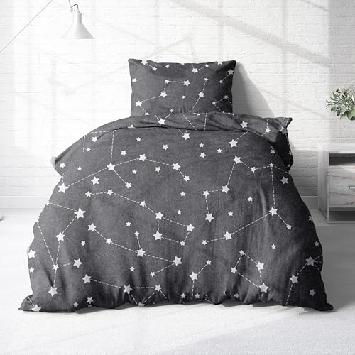 Träumschön Premium Bettwäsche 155x220 + 80x80 cm - Sternenhimmel Design Grau - Sommer Bettwäsche aus Baumwolle – Weich