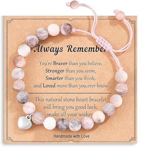 Natural Stone Healing Crystal Bracelets, Adjustable Stretch Pink Zebra Bracelet Crystal Jewelry Yoga Meditation Relax Gifts Friendship Birthday BFF for Women Teen Girls with Encourage Quote Card