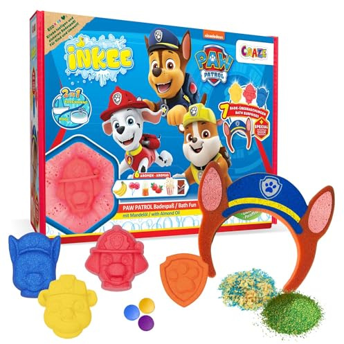 INKEE - Bade-Set Paw Patrol – Geschenkset mit 7 Badezusätzen, parfümiertem Kinderbadesalz & Zubehör, Jojobaöl