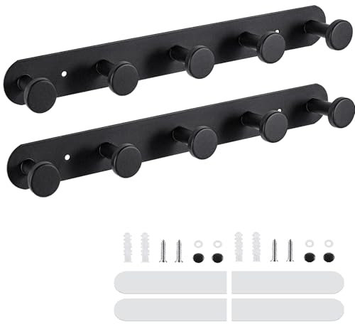 Dntorx 2 Stück Garderobenhaken Schwarz, Hakenleiste Selbstklebend & Schrauben Schwerlaste Garderobenleiste mit 5 Haken Klebbare Kleiderhaken Wandhaken für Badezimmer Schlafzimmer Wohnzimmer Tür