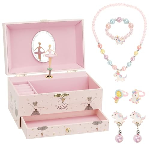 Joyero Musical para Niña Cajas de Musica con Bailarina Giratorio, Espejo Cajón Extraíble de Joyas y Collar, Pulsera, Anillos, Pendientes de Unicornio, Regalo de Cumpleaños para Niñas de 3 a 12 Años