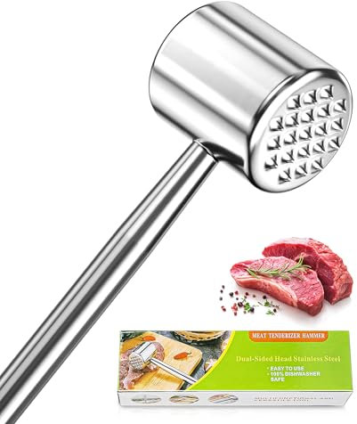 HOOMIL Batticarne in Acciaio Inox, Martello Bifacciale, Lavabile in Lavastoviglie per Bistecche E Cotolette, Argento