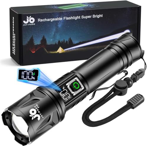 JAY-PARK Torches LED Super Bright - 1,000,000 Lumens, Rechargeable Zoomable Torch with LCD Battery Display, 5 Modes & IPX7 Waterproof - Survival Gear for Camping, Security, Emergencies