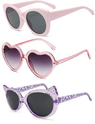 TUONYIS 3 Pièces Lunette de Soleil Enfant Filles, Lunettes de Soleil Polarisées, Lunettes De Soleil Filles Chat Violet Lunettes Coeur Rose, Lunettes de Soleil pour Filles Âge 3-8 (Rose, Violet)