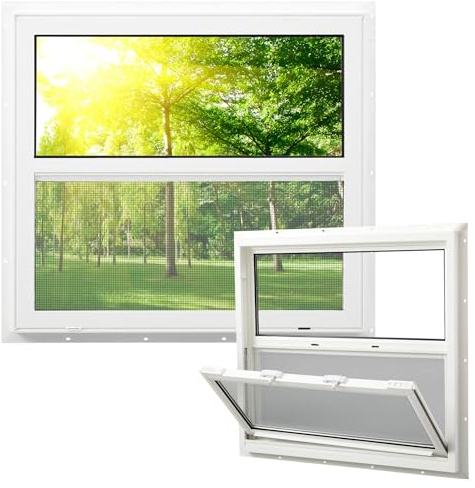 Pushglossy 30 x 27 Mobile Home Window Insulated Vinyl Low E Mobile Home Windows Replacement, Lower Tilt Sash Screen Included, Clear Double Pane Glass, Single Hung for House Basement Parts, White