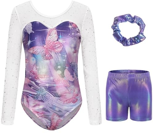 Sinoeem Justaucorps de Gymnastique avec Short et Bandeau pour Filles Trois Pièces Maillots de Gymnastique Manches Longues/sans Manches Ballet Dancewear (Butterfly-Volet, 7-8 ans)