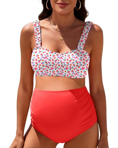 Maternity Bikini Swimsuit for Women - Two Piece High Waisted Bathing Suit Wide Ruched Straps Pregnancy Swimwear Colorful Polka Dots Large