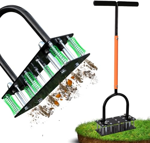 RIFPOD Lawn Aerator, Automatic Dirt and Leaf Clean Design, Heavy Duty Manual Lawn Aerator Tool with 15 Iron Spikes, Height Adjustable, Yard Grass Aerator for Lawn(Black with Orange)
