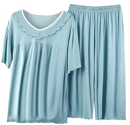 Womens Pyjamas Plus Size Summer Modal Cotton Pjs Short Sleeve T Shirt and Capri Pants V Neck Oversized Pajamas Set Solid Colour Lightweight Loungewear Sets Two Piece Ladies Sleepwear