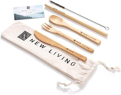 Ensemble de couverts en bambou réutilisables pour les voyages - Comprend une paille en bambou, une fourchette, un couteau, une cuillère, un nettoyant et un étui de transport - Produit écologique
