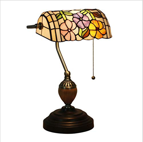 Tiffany Style Banker Table Lamp,Handmade Endless Flower Stained Glass Lampshade Desk Lamp,Vintage Zipper Switch Table Light,Antique Iron Alloy Base Desk Light,Home&Office Table Lamp,E27(27 X 39Cm)