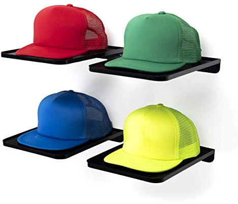 Boxy Concepts Hat Rack for Wall - Pack of 4, Black - Quick 3M Tape & Nail Mount - Showcase Collection, Baseball Cap Display Shelves - Flexible Layout Options, Racks For Caps