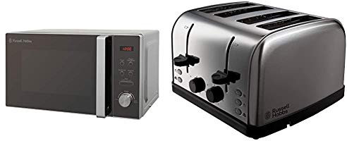 Russell Hobbs RHM2076S Compact Microwave, 800 W, 20 liters, Silver & 18790 4 Slice Toaster, Stainless Steel, 1500 W