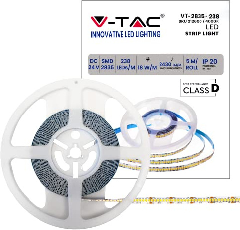 V-TAC Striscia Led da Interno SMD 2835 18W - 5 Metri - Striscia LED Adesiva per Casa, Cucina, Camera, Ambienti Interni - Luce Bianca Naturale 4000K - Strisce LED Alta Luminosità - 24 Volt