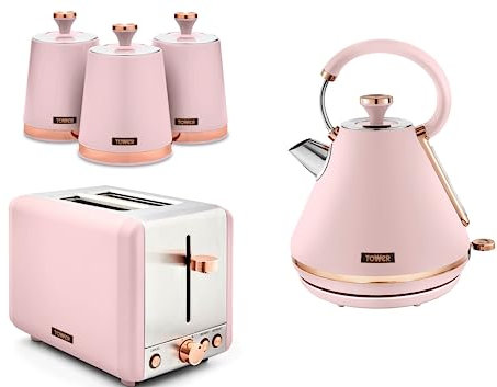 Tower Cavaletto Pink 1.7L 3KW Pyramid Kettle, 2 Slice Toaster & Tea, Coffee & Sugar Canisters. Matching Kitchen Set in Marshmallow Pink & Rose Gold