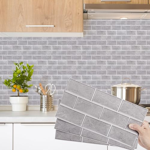 Decoroom Tile Stickers Grey 12pcs/15x30cm Brick Self Adhesive Wall Tiles Vinyl Peel and Stick Waterproof DIY Home Decor Stick on Transfers Kitchen Bathroom Backsplash