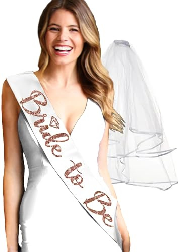Bride Sash and Veil - SET OF 2: Rose Gold Sparkle Diamond Bride to Be PREMIUM BRIDAL GRADE White Satin Sash & White Veil - Bridal Shower Accessories - Set(RG DiB2B) Wht