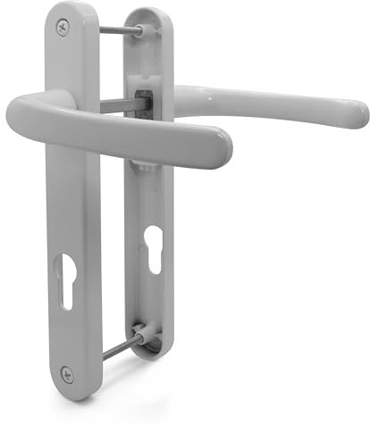 TSS Paire de poignées de porte en UPVC blanc, à ressort, 92 mm PZ (centres), levier de levier, vis à vis 203 mm, plaque arrière 232 mm x 32 mm, blanc