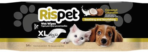Rispet Hygienische und reinigende Reinigungstücher XL, Kokosnuss und Keratin, für das Fell von Hunden, Katzen und Haustieren, 54 Tücher