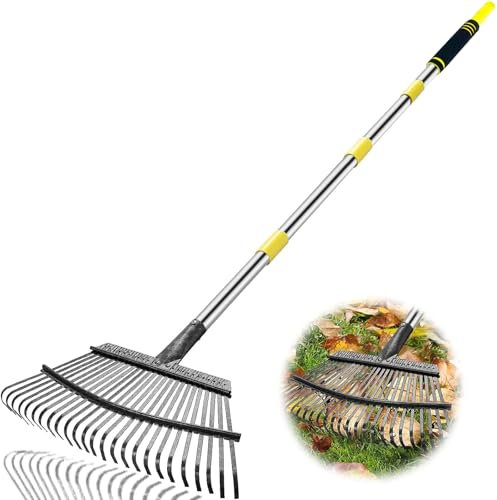 Coopvivi Rake Heavy Duty 6FT Long Garden Rake , 18.5 Inch Wide Leaf Rake for Lawns, 25 Metal Tines, Adjustable Stainless Steel Handle, Rakes for Leaves, Yards, Grass, Garbage, Weeds, Debris (Yellow)