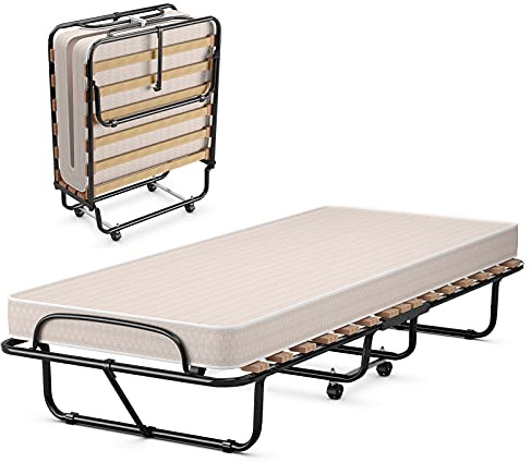 LIFEZEAL Fällbar säng, vikbar gästsäng med metallram, vikbar enkelsäng, resesäng med madrass av minnesskum, vuxen metallsäng på 4 hjul (beige, 190 x 80 x 39 cm)