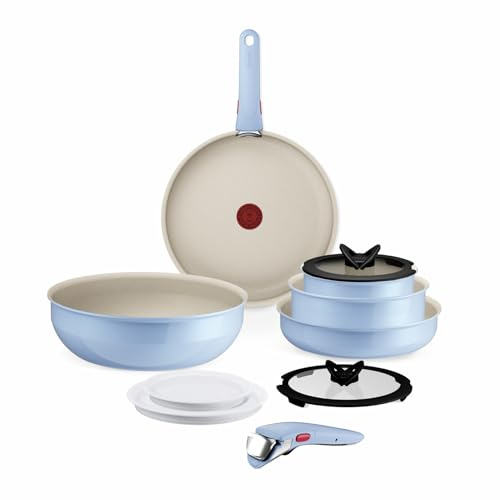 Tefal Ingenio Serenity - Juego de 2 Sartenes 22/28 cm + Wok 26 cm + 2 Cazos 16/20 cm + 4 Accesorios + 2 Mangos, Revestimiento Antiadherente, Apilable, Inducción, Apto lavavajillas y horno, Azul Cielo