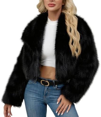 Womens Faux Fur Coat, Plush Winter Warm Long Sleeve Cropped Jacket, Lapel Open Front Cardigans, Ladies Elegant Outwear Top, Windproof Thicked Overcoat, Soft Comfy Fluffy Coats Party Club Streetwear Uk