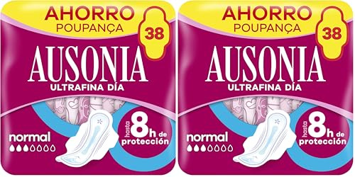Ausonia Compresas Ultrafina Normal Con Alas, 38 unidades, Para Un Flujo Ligero y Normal Y Protección De La Regla Durante El Día, Hasta 8 Horas De Protección (Paquete de 2)