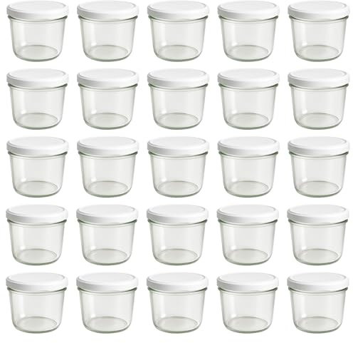 hocz 25 tarros de mermelada de 230 ml, con tapa blanca TO 82, con etiquetas NZ, tarros con tapa de rosca para rellenar, tarros para mermelada, tarros vacíos, juego de 25 unidades