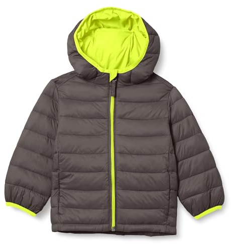 Amazon Essentials Veste matelassée légère à capuche, imperméable et compressible pour garçon, gris foncé jaune fluo, taille L