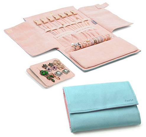 Becko Jewellery Organizer Roll Travel Jewel Bag case for Multiple Necklaces, Rings, Bracelets, Supple Leather & Suede, Large Capacity Without Crease, Lightweight, Portable & Practical (Blue)
